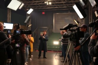 Filmszínész háttérben kamerák és stáb a forgatáson