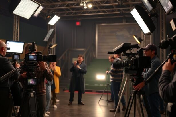 Filmszínész háttérben kamerák és stáb a forgatáson