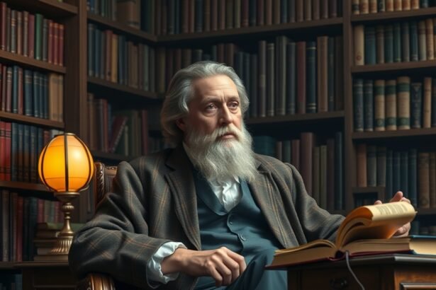 Filozófus a könyvtárban, könyvekkel körülvéve, elgondolkodva.