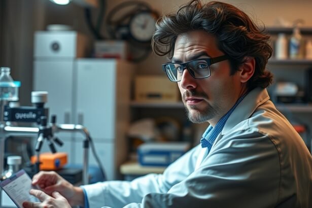 Fizikus laboratóriumban, kémiai kísérletek előtt