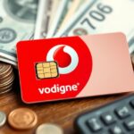 Vodafone SIM kártya pénzzel és érmékkel, telefonhoz közel.