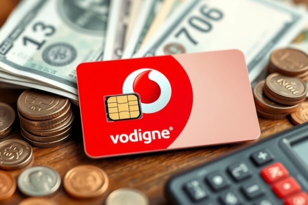 Vodafone SIM kártya pénzzel és érmékkel, telefonhoz közel.