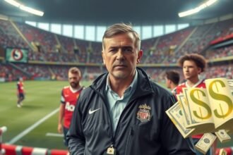 Fociedző meccs előtt a pályán, pénzjelképek a háttérben.