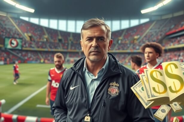 Fociedző meccs előtt a pályán, pénzjelképek a háttérben.