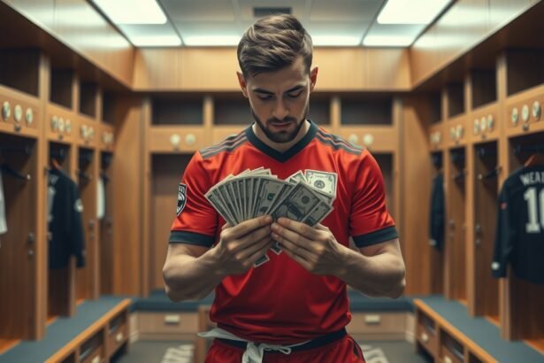 Focista készpénzt számol a öltözőben