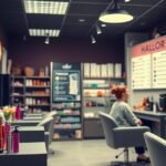 Fodrászat belső tér, különböző kozmetikai termékekkel.