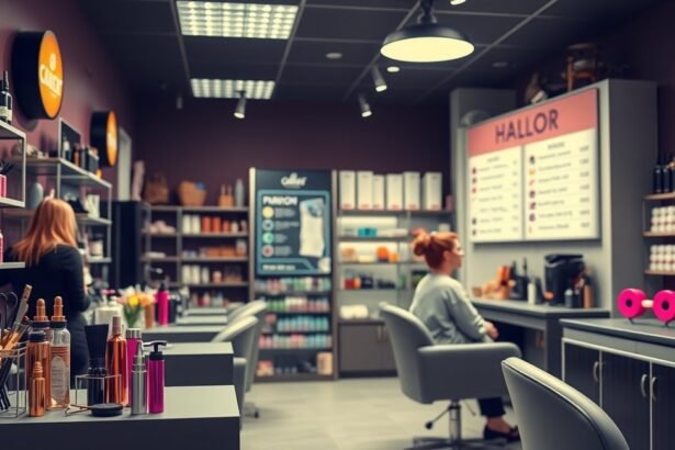 Fodrászat belső tér, különböző kozmetikai termékekkel.