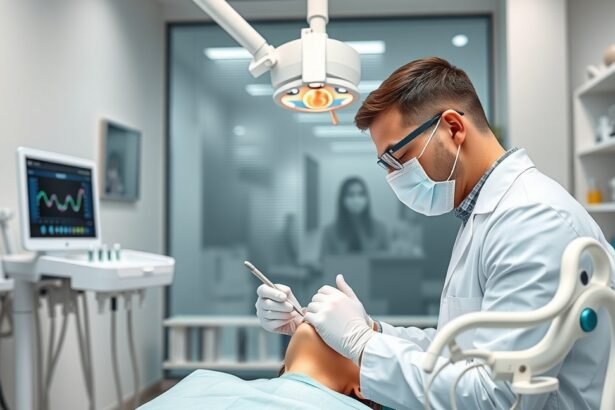 Fogorvos kezel egy beteget modern fogászati rendelőben.