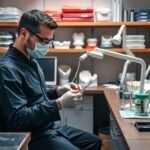 Fogtechnikus a laborban munkához készülődve