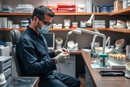 Fogtechnikus a laborban munkához készülődve