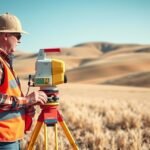 Földmérő munkáját végzi szabadtéren, hegyvidéki tájban.