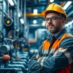 Folyamatmérnök egy ipari környezetben, biztonsági sisakkal és munkaruhában.