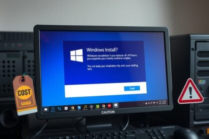 Windows telepítés folyamata monitoron, figyelmeztetéssel és árakkal.