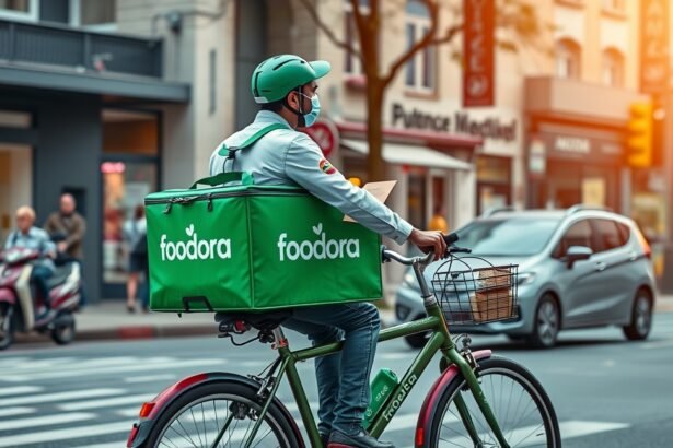 Foodora futár kerékpáron városi környezetben