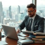 Egy fordító dolgozik irodájában, nyelvekkel foglalkozik.