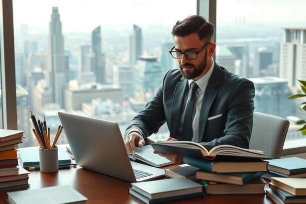 Egy fordító dolgozik irodájában, nyelvekkel foglalkozik.