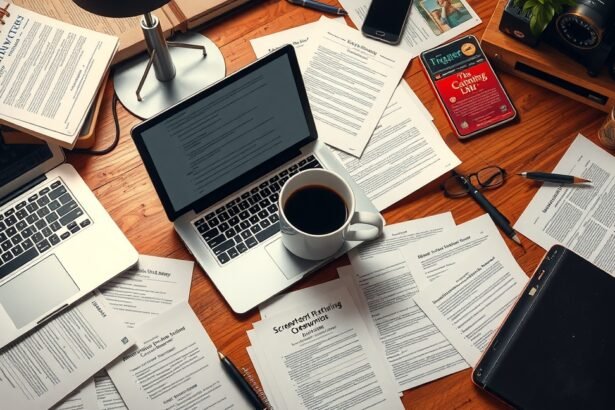 Forgatókönyvíró íróasztala kávéval és dokumentumokkal