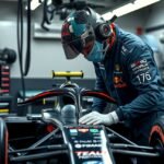 Forma-1 szerelő munka közben egy versenyautónál