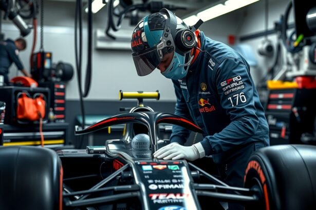 Forma-1 szerelő munka közben egy versenyautónál