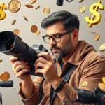 Pénzt kereső fotós digitális fényképezőgéppel és pénzérmékkel.