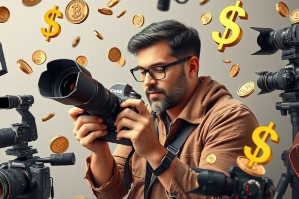 Pénzt kereső fotós digitális fényképezőgéppel és pénzérmékkel.