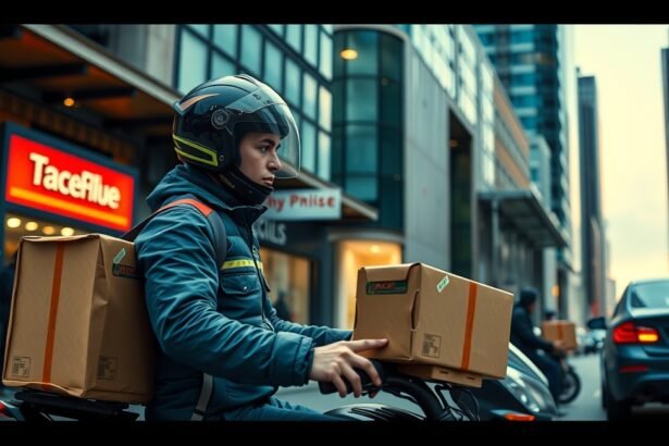 Futár motoron, dobozokkal a városban, kiszállítás közben