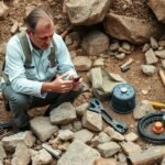 Geológus munka közben, környezeti és kutatási eszközökkel.