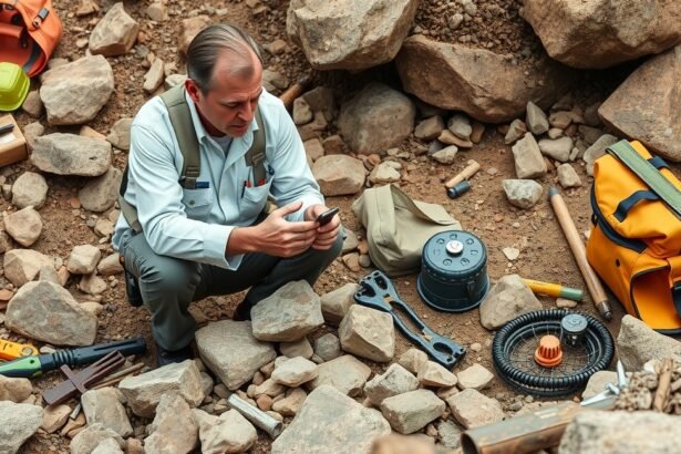 Geológus munka közben, környezeti és kutatási eszközökkel.