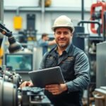 Gépészmérnök modern műhelyben, tablet-tel a kezében