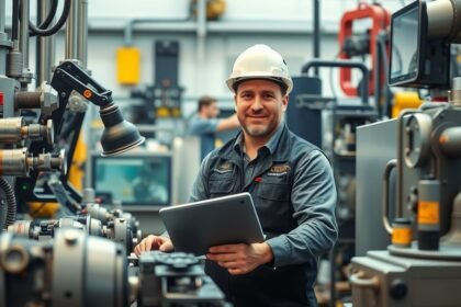 Gépészmérnök modern műhelyben, tablet-tel a kezében