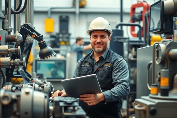 Gépészmérnök modern műhelyben, tablet-tel a kezében