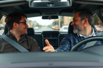 Gépjárműoktató és diák a vezetőülésben, oktatás közben.