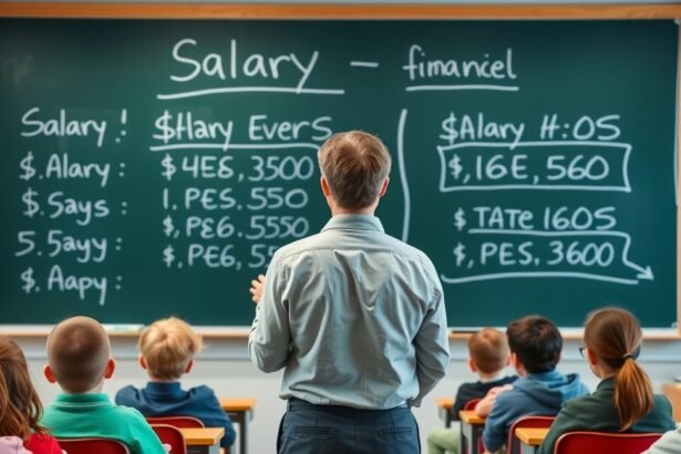Gimnáziumi tanár a diákok előtt, bérinformációkkal a táblán.