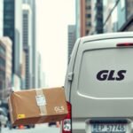 GLS futár csomag szállítás közben városi környezetben.