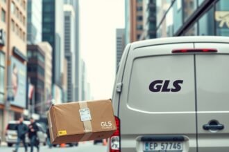 GLS futár csomag szállítás közben városi környezetben.