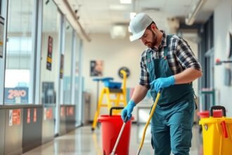 Gondnok takarít a fővárosi épületben, tisztaság a munkahelyen.