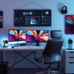 Modern grafikai munkahely két monitorral és színes grafikákkal.