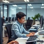 Gyakornok egy modern irodában, számítógépnél dolgozik.