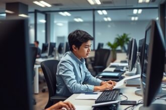 Gyakornok egy modern irodában, számítógépnél dolgozik.