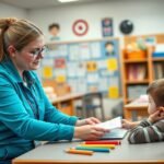 Gyógypedagógiai asszisztens gyerekekkel foglalkozik az iskolában.