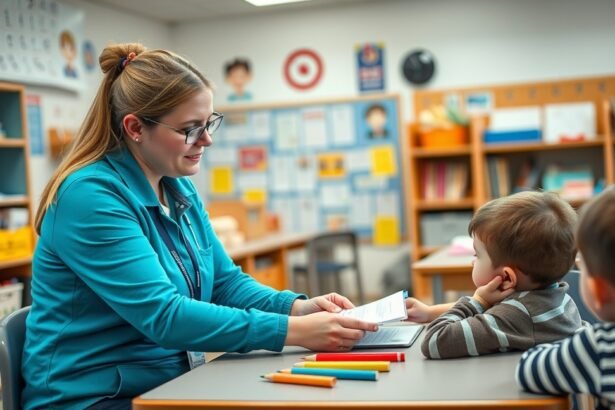 Gyógypedagógiai asszisztens gyerekekkel foglalkozik az iskolában.