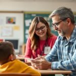Gyógypedagógus a tanteremben, diákokkal közösen dolgozik