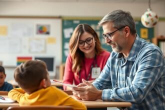 Gyógypedagógus a tanteremben, diákokkal közösen dolgozik