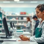 Gyógyszertári asszisztens dolgozik a gyógyszertárban pénzügyi információkkal