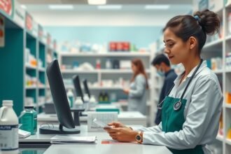 Gyógyszertári asszisztens dolgozik a gyógyszertárban pénzügyi információkkal