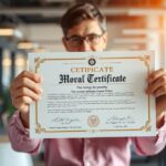 Férfi erkölcsi bizonyítványt tart a kezében irodai környezetben.