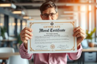 Férfi erkölcsi bizonyítványt tart a kezében irodai környezetben.