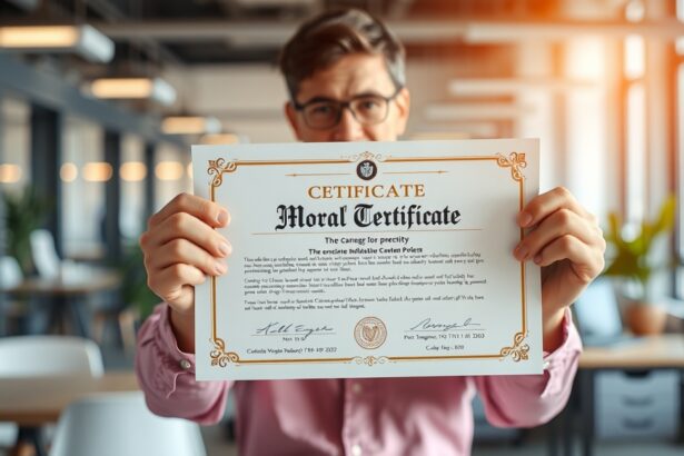 Férfi erkölcsi bizonyítványt tart a kezében irodai környezetben.