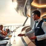 Hajópincér munka közben egy hajó éttermében, lővésekkel és italokkal.