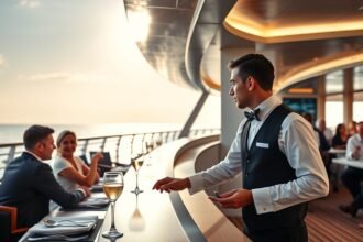 Hajópincér munka közben egy hajó éttermében, lővésekkel és italokkal.